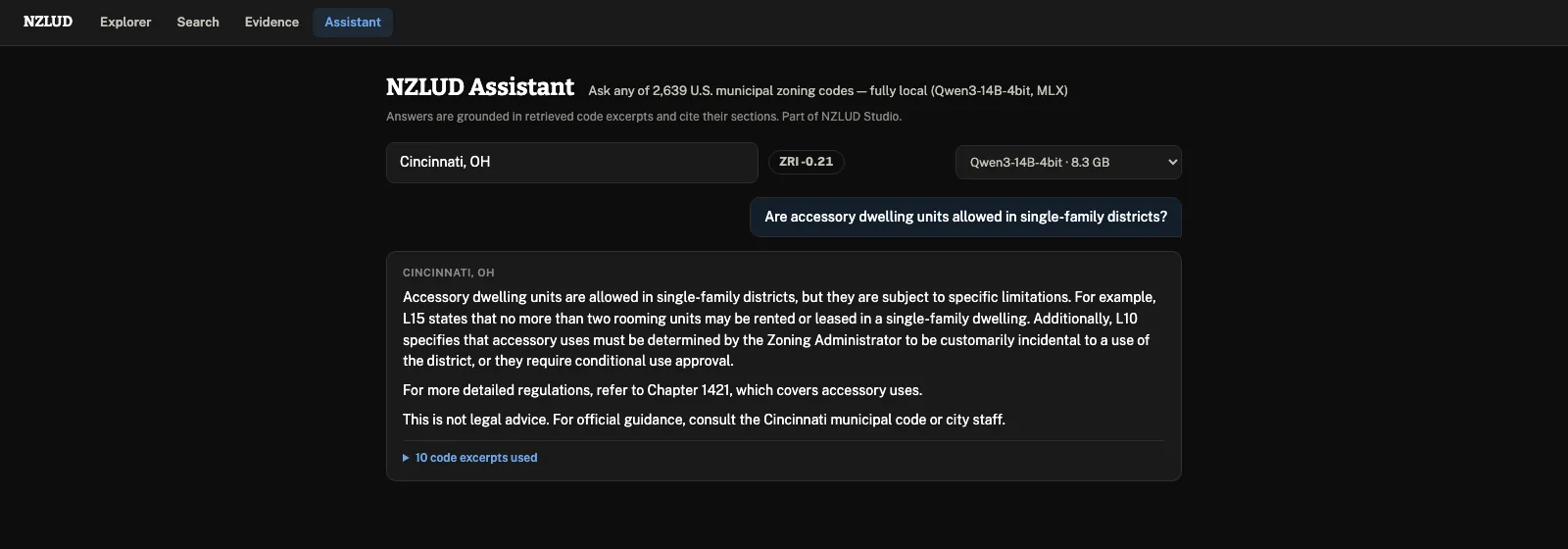 Screenshot of the assistant answering a zoning question for a chosen municipality, with a list of cited code sections below the answer