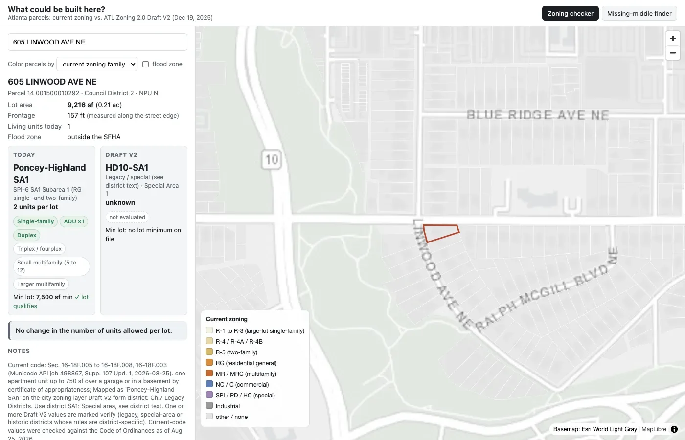 Zoning checker showing a Poncey-Highland lot with its current SPI subarea rules and its Draft V2 district side by side
