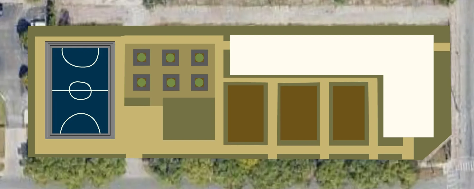 Plan view of the proposed community center: a basketball court, garden plots, a main building, and shaded seating