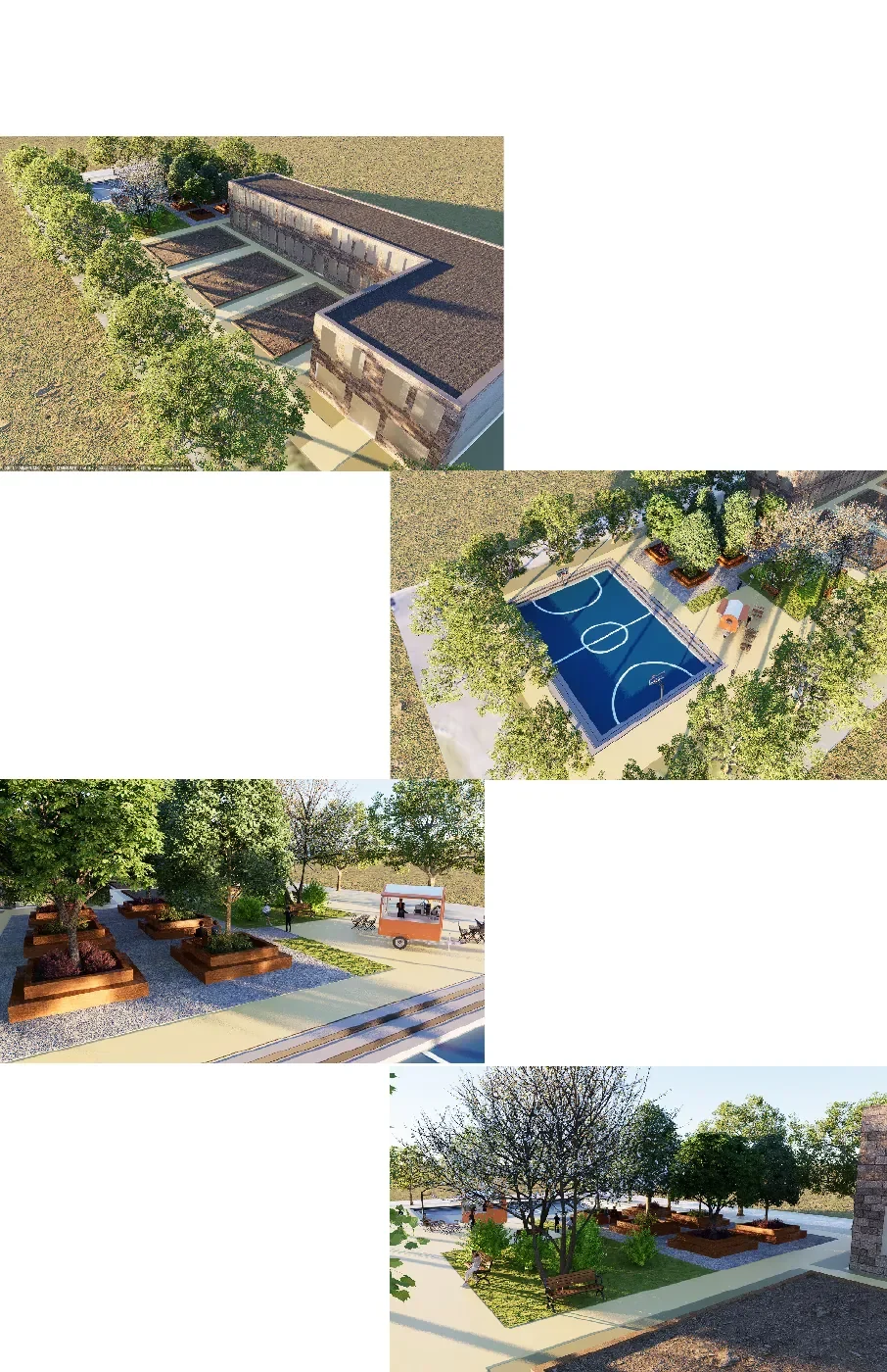 Booklet page with four rendered views of the community center: the court, the gardens, the entry, and the shaded gathering space