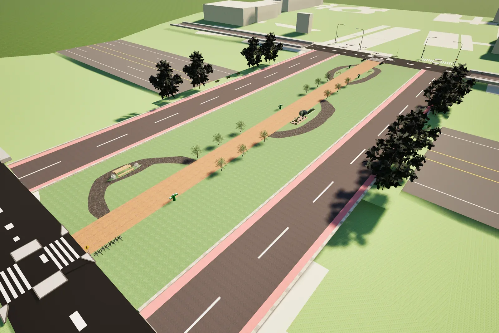 SketchUp rendering of a proposed park cap over the highway at Ezzard Charles Drive, with paths, trees, and a crosswalk