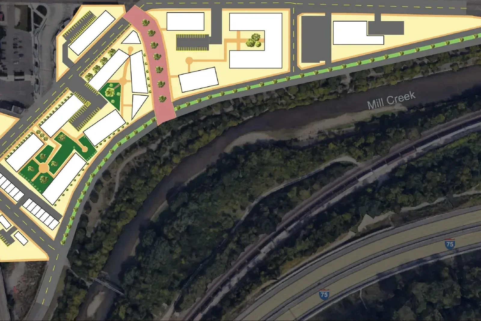 Rendered masterplan of a mixed use site beside Spring Grove Avenue in Northside, drawn over an aerial photo