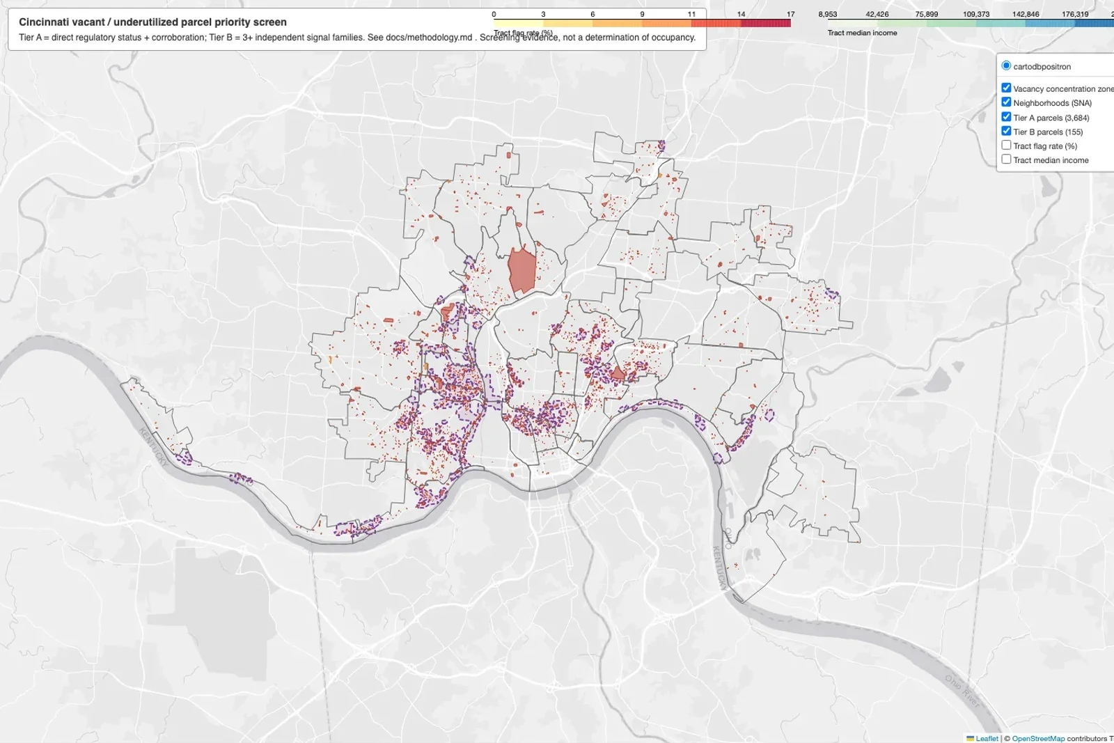 Interactive map of Cincinnati with flagged parcels colored by priority tier and concentration zones outlined