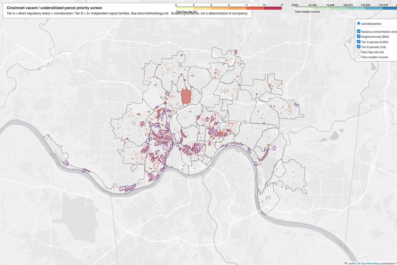Interactive map of Cincinnati with flagged parcels colored by priority tier and concentration zones outlined