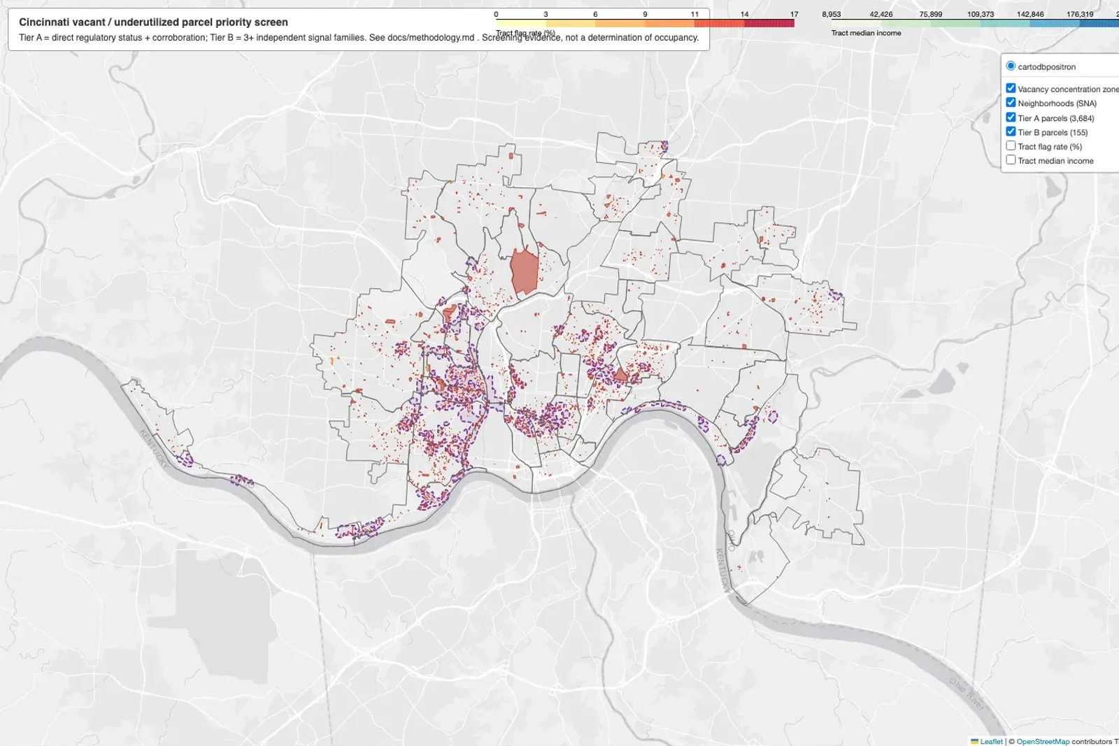 Interactive map of Cincinnati with flagged parcels colored by priority tier and concentration zones outlined