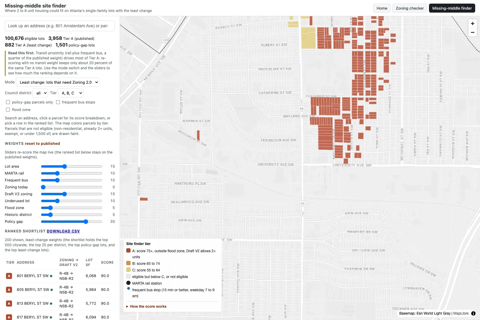Interactive map of Atlanta's Pittsburgh neighborhood with single-family lots colored by site-finder tier and a ranked shortlist in a side panel