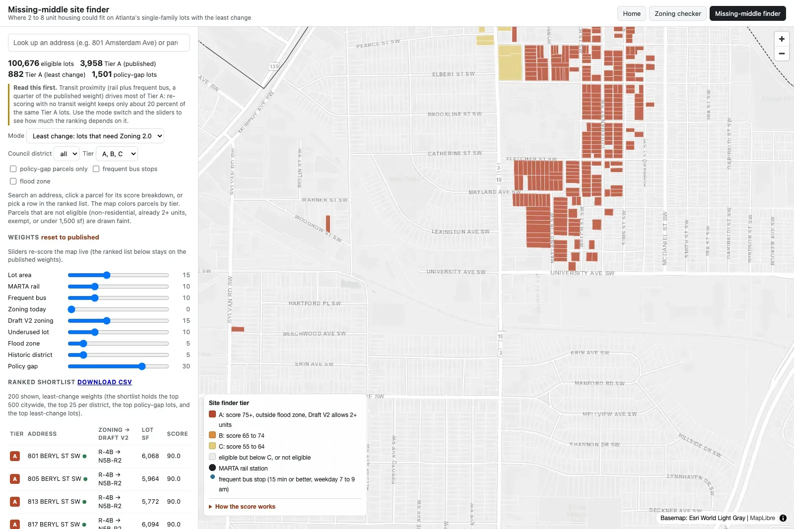 Interactive map of Atlanta's Pittsburgh neighborhood with single-family lots colored by site-finder tier and a ranked shortlist in a side panel