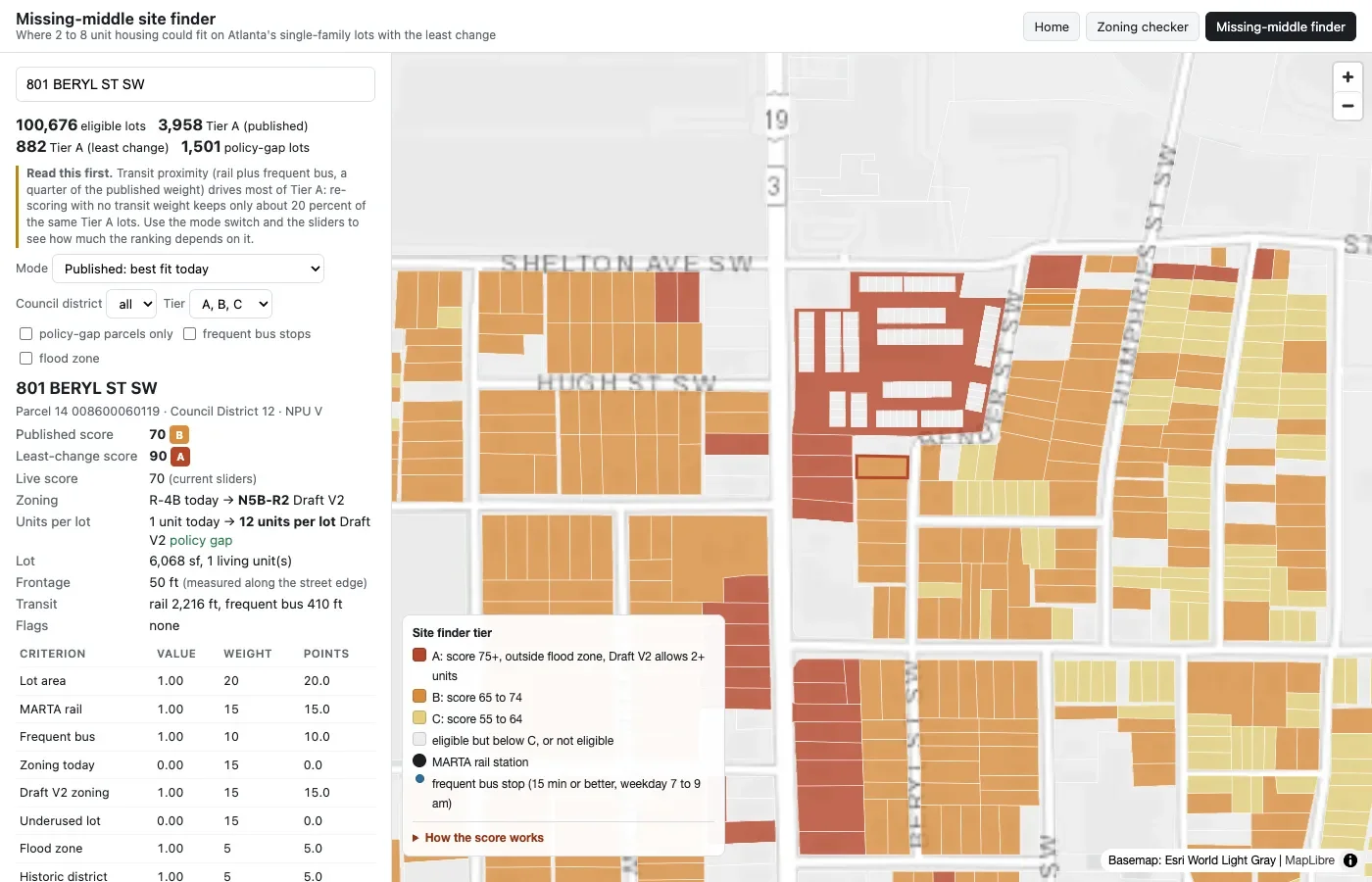 Site finder map with parcels colored by tier, a score breakdown for one lot, and a ranked shortlist by council district