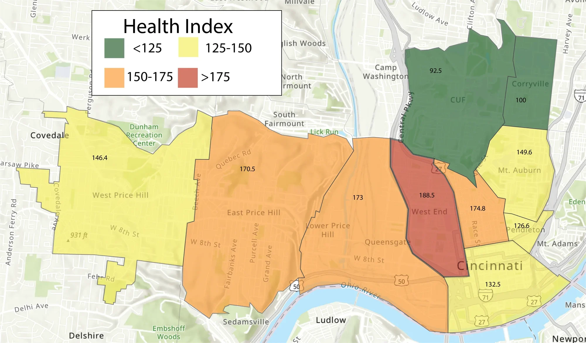 Health index map of the West End and surrounding neighborhoods, shaded from green to red