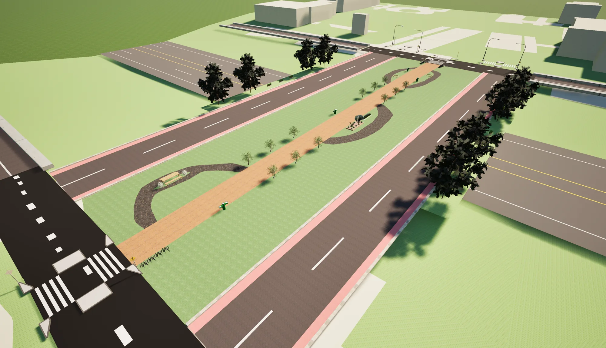 Wide SketchUp rendering of the proposed highway cap: a green park deck with curving paths and trees spanning the highway