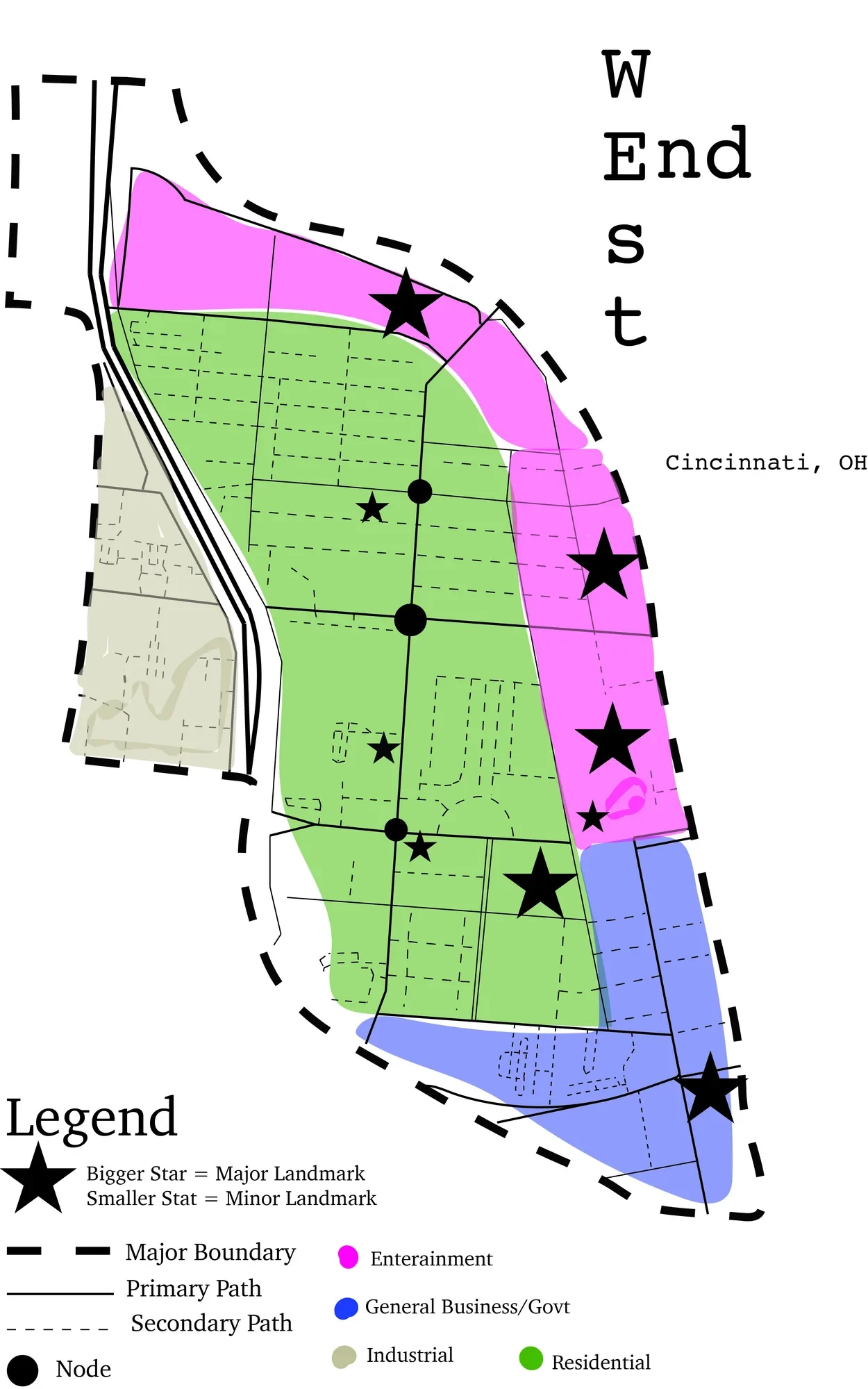 Imageability map of the West End with districts in color, star markers for landmarks, and heavy lines for edges and paths