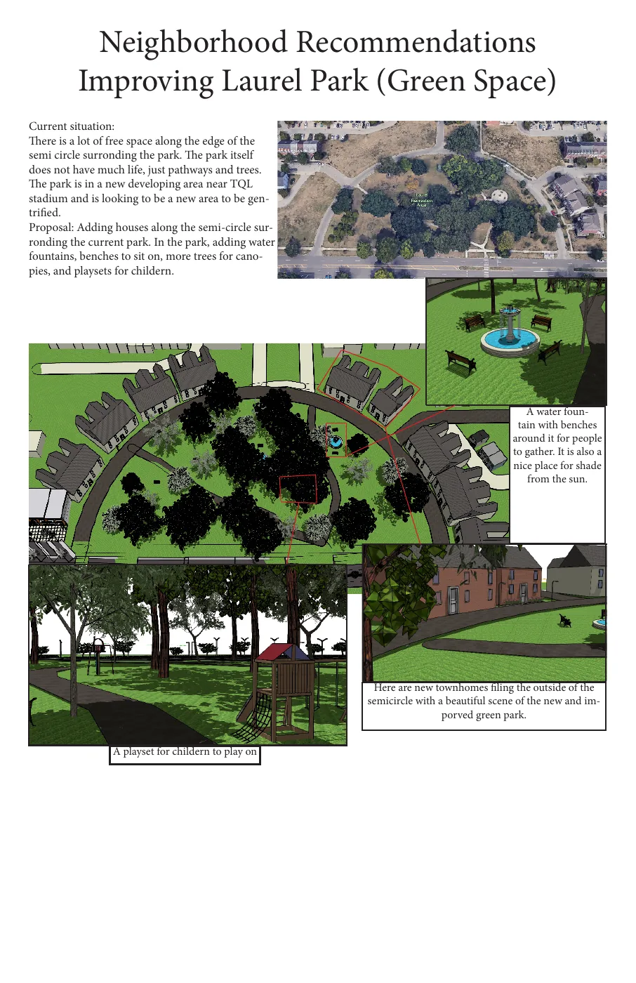 Booklet page of neighborhood recommendations for Ezzard Charles Park, with an aerial, a plan, and rendered views of new benches, fountains, and a playground