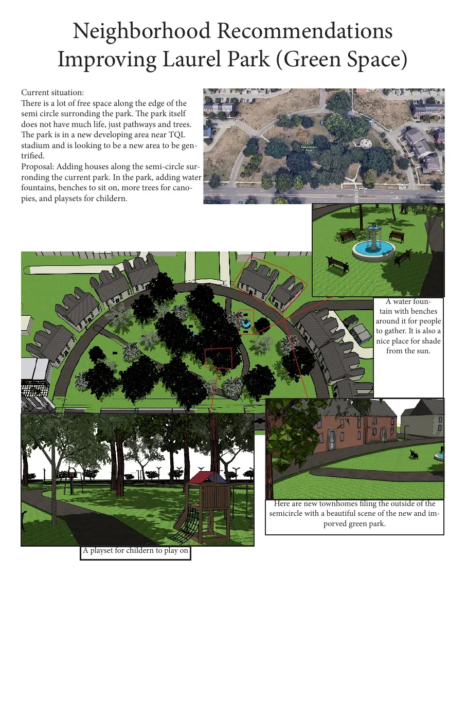 Booklet page of neighborhood recommendations for Ezzard Charles Park, with an aerial, a plan, and rendered views of new benches, fountains, and a playground