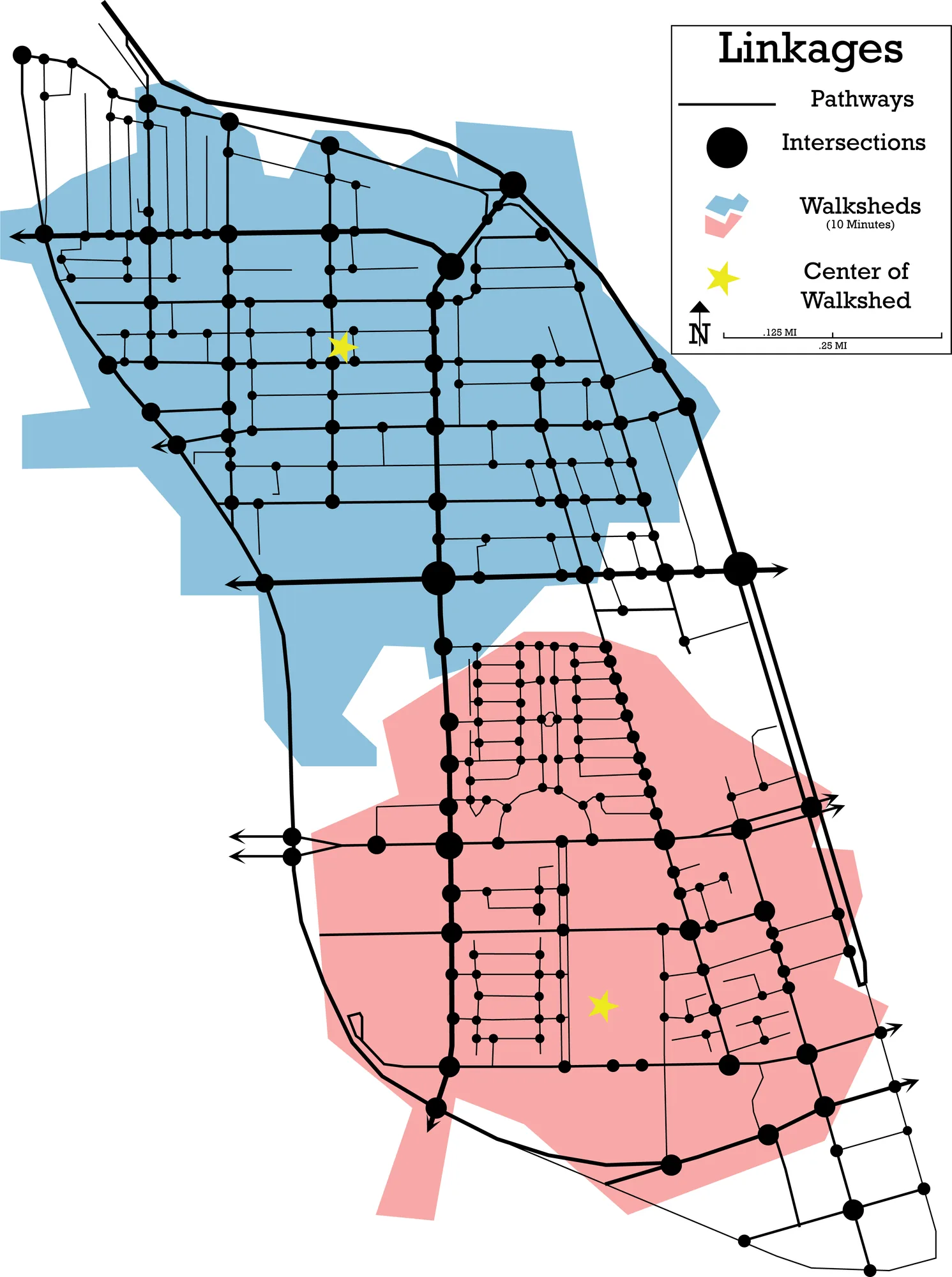 Linkages map of the West End showing pathways, intersections, walksheds, and the center of each walkshed