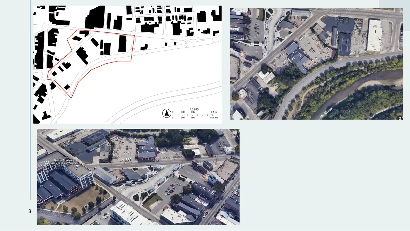 Existing conditions: figure ground, aerial photo, and oblique view of the site