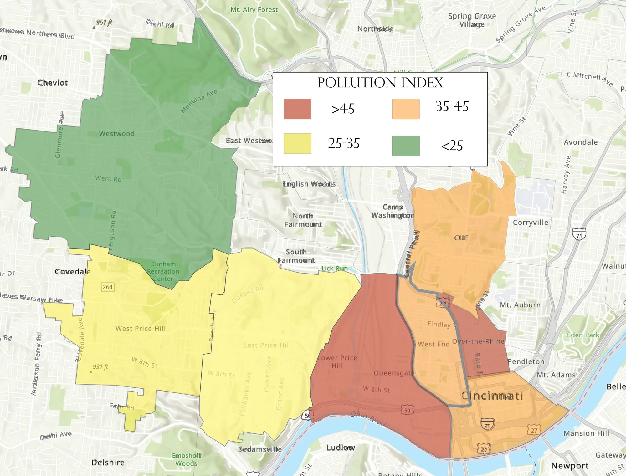 Pollution index map of the West End and neighboring areas, shaded from green (low) to red (high)