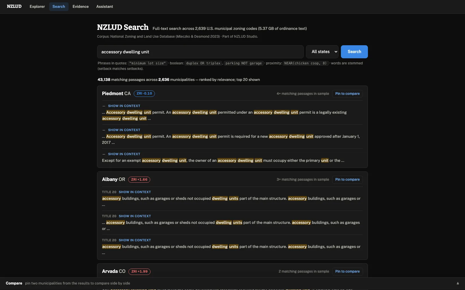 Screenshot of the zoning code search tool showing ranked results for a phrase, grouped by municipality with highlighted excerpts