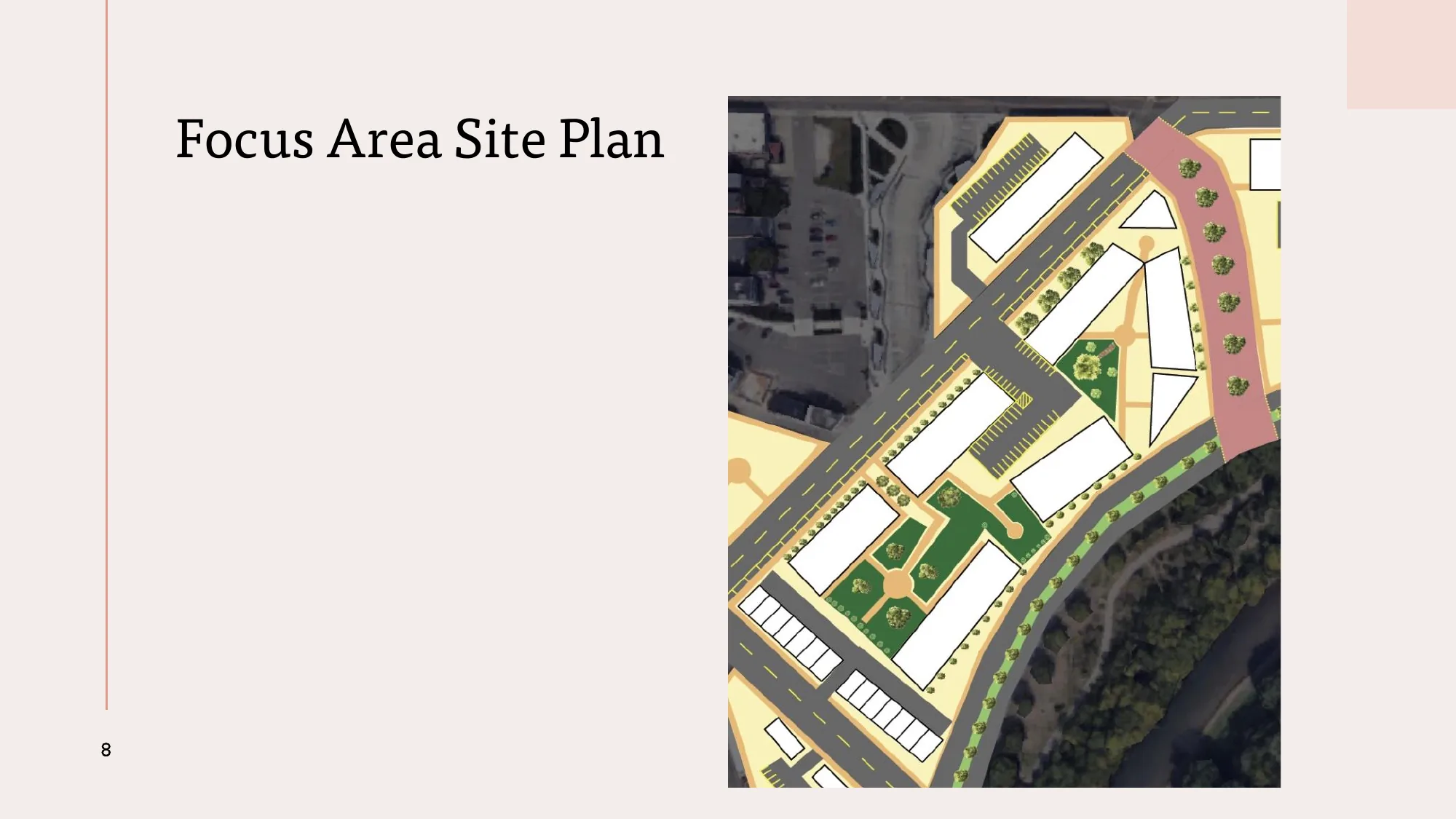 Focus area site plan slide showing building footprints, courtyards, and the central walkway on the block nearest the transit center