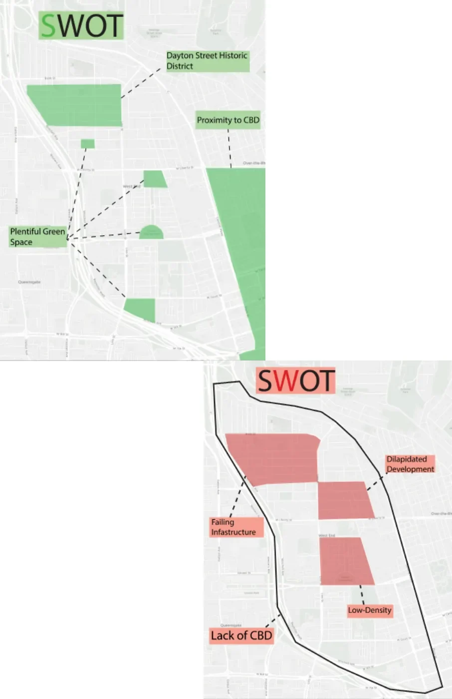 Two SWOT maps of the West End: strengths in green and weaknesses in red, each labeled on the neighborhood outline